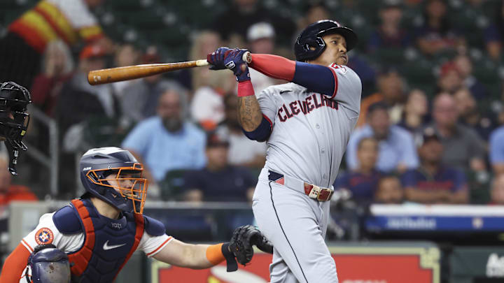 Jul 8, 2025; Houston, Texas, USA; Cleveland Guardians designated hitter Jose Ramirez (11) hits a two-run home run during the first inning against the Houston Astros at Daikin Park. Mandatory Credit: Troy Taormina-Imagn Images Jul 8, 2025; Houston, Texas, USA; Cleveland Guardians designated hitter Jose Ramirez (11) hits a two-run home run during the first inning against the Houston Astros at Daikin Park. Mandatory Credit: Troy Taormina-Imagn Images