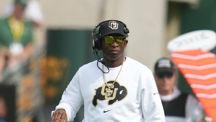 Sep 26, 2026; Waco, Texas, USA;  Colorado Buffaloes head coach Deion Sanders reacts on the sideline during the first half against the Baylor Bears at McLane Stadium. 