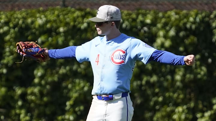 May 16, 2025; Chicago, Illinois, USA;Chicago Cubs outfielder Pete Crow-Armstrong (4) celebrates the Cubs win against the Chicago White Sox at Wrigley Field