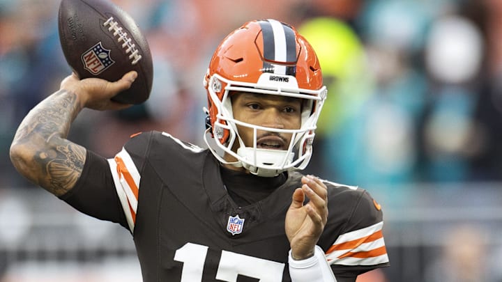 Dec 29, 2024; Cleveland, Ohio, USA; Cleveland Browns quarterback Dorian Thompson-Robinson (17) throws the ball during warm ups before the game against the Miami Dolphins at Huntington Bank Field. Mandatory Credit: Scott Galvin-Imagn Images