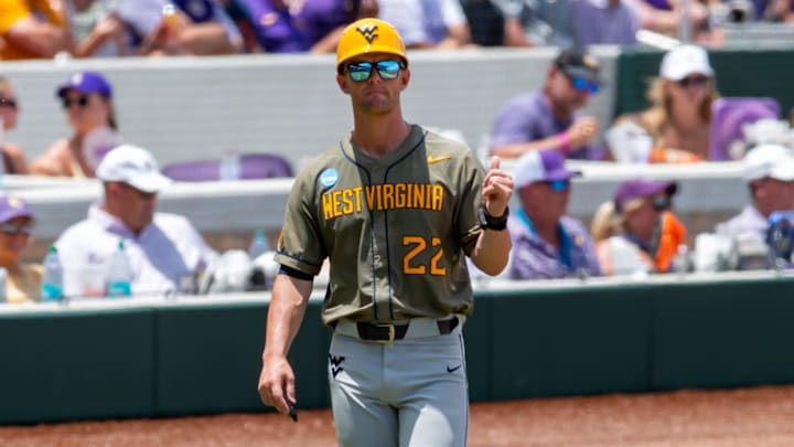 West Virginia Head Coach Steve Sabins as The LSU Tigers take on the West Virginia Mountaineers in game 1 of the 2025 NCAA Div 1 Super Regional Baseball Championship at Alex Box Stadium in Baton Rouge, LA. Saturday, June 7, 2025. West Virginia Head Coach Steve Sabins as The LSU Tigers take on the West Virginia Mountaineers in game 1 of the 2025 NCAA Div 1 Super Regional Baseball Championship at Alex Box Stadium in Baton Rouge, LA. Saturday, June 7, 2025.