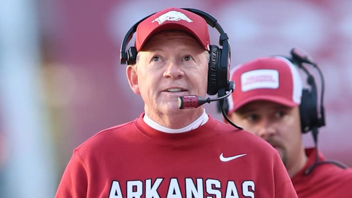 Arkansas Razorbacks interim head coach Bobby Petrino during the third quarter against the Mississippi State Bulldogs at Razorback Stadium. Arkansas Razorbacks interim head coach Bobby Petrino during the third quarter against the Mississippi State Bulldogs at Razorback Stadium.