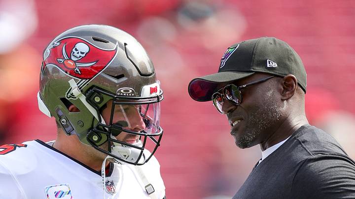 Oct 22, 2023; Tampa, Florida, USA;  Tampa Bay Buccaneers quarterback Baker Mayfield (6) speaks to head coach Todd Bowles before a game against the Atlanta Falcons at Raymond James Stadium. Mandatory Credit: Nathan Ray Seebeck-USA TODAY Sports