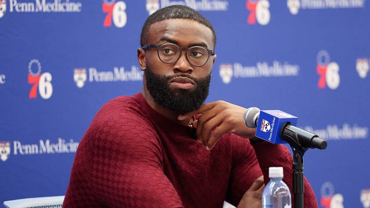 Aug 6, 2026; Camden, NJ, USA; Philadelphia 76ers guard Jaylen Brown speaks with the media during his introductory press conference at the Francis J. Myers Recreation Center. Mandatory Credit: Bill Streicher-Imagn Images