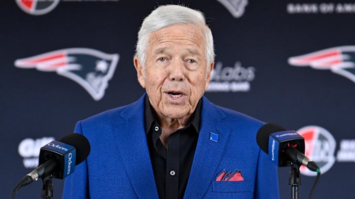 Mar 13, 2025; Foxborough, MA, USA; New England Patriots owner Robert Kraft discusses the teamís recent free agent additions with the media at Gillette Stadium. Mandatory Credit: Eric Canha-Imagn Images