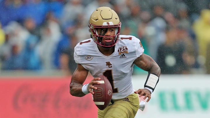 Oct 7, 2023; West Point, New York, USA; Boston College Eagles quarterback Thomas Castellanos (1) looks to pass against the Army Black Knights during the first half at Michie Stadium. Mandatory Credit: Danny Wild-Imagn Images