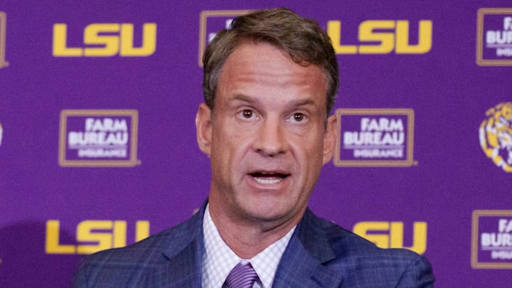 Dec 1, 2025; Baton Rouge, LA, USA; LSU new head coach Lane Kiffin speaks at South Stadium Club at Tiger Stadium. Mandatory Credit: Matthew Hinton-Imagn Images