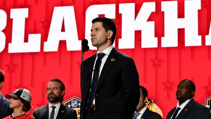Jun 28, 2023; Nashville, Tennessee, USA; Chicago Blackhawks general manager Kyle Davidson makes the nineteenth pick in round one of the 2023 NHL Draft at Bridgestone Arena. Mandatory Credit: Christopher Hanewinckel-Imagn Images