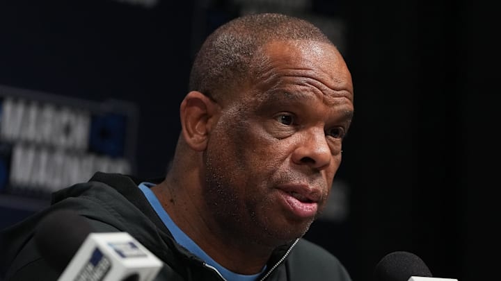 Mar 18, 2026; Greenville, SC, USA; North Carolina Tar Heels head coach Hubert Davis during a press conference ahead of the first round of the men's 2026 NCAA Tournament at Bon Secours Wellness Arena. Mandatory Credit: Bob Donnan-Imagn Images