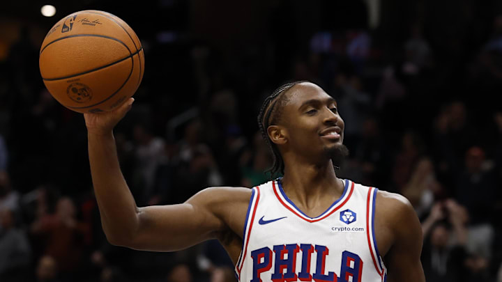 Oct 28, 2025; Washington, District of Columbia, USA; Philadelphia 76ers guard Tyrese Maxey (0) celebrates after the final horn against the Washington Wizards at Capital One Arena. Mandatory Credit: Geoff Burke-Imagn Images Oct 28, 2025; Washington, District of Columbia, USA; Philadelphia 76ers guard Tyrese Maxey (0) celebrates after the final horn against the Washington Wizards at Capital One Arena. Mandatory Credit: Geoff Burke-Imagn Images