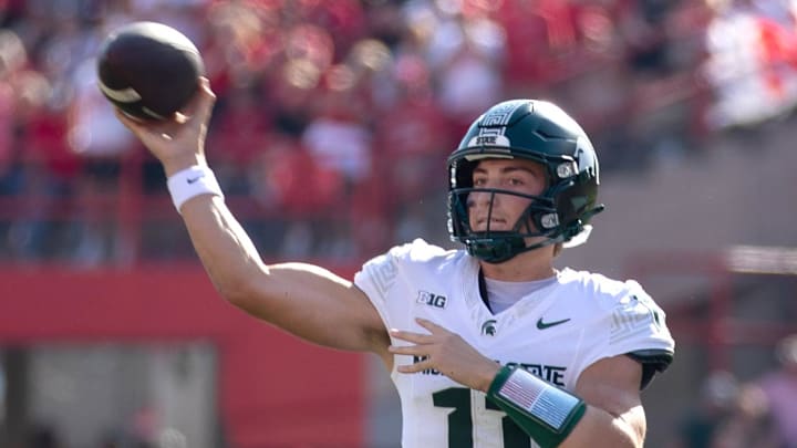 Oct 4, 2025; Lincoln, Nebraska, USA; Michigan State Spartans quarterback Alessio Milivojevic (11) throws the ball during the first half of the game against Nebraska at Memorial Stadium. Mandatory Credit: Kylie Graham-Imagn Images Oct 4, 2025; Lincoln, Nebraska, USA; Michigan State Spartans quarterback Alessio Milivojevic (11) throws the ball during the first half of the game against Nebraska at Memorial Stadium. Mandatory Credit: Kylie Graham-Imagn Images