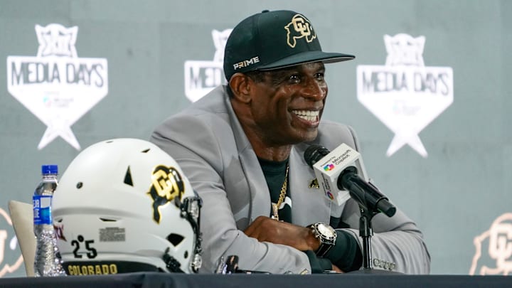 Jul 9, 2025; Frisco, TX, USA; Colorado head coach Deion Sanders speaks with the media during 2025 Big 12 Football Media Days at The Star. Mandatory Credit: Raymond Carlin III-Imagn Images