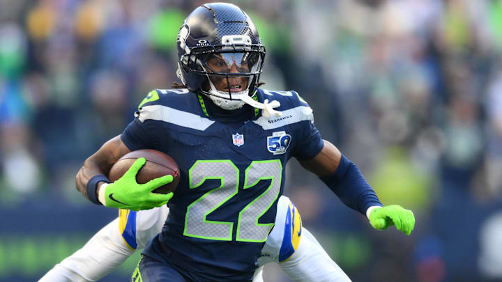 Jan 25, 2026; Seattle, WA, USA; Seattle Seahawks wide receiver Rashid Shaheed (22) runs in the first half against the Los Angeles Rams in the 2026 NFC Championship Game at Lumen Field. Mandatory Credit: Steven Bisig-Imagn Images