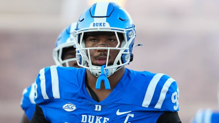 Aug 28, 2025; Durham, North Carolina, USA;  Duke Blue Devils defensive tackle Aaron Hall (99) comes out onto the field before the start of the game against the Elon Phoenix at Wallace Wade Stadium. Mandatory Credit: James Guillory-Imagn Images
