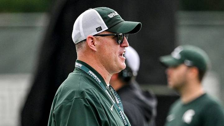 Michigan State’s head coach Pat Fitzgerald looks on during football practice on Thursday, Aug. 6, 2026, in East Lansing.