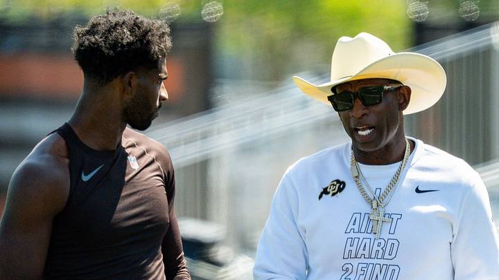 Deion Sanders spends time with his son, Cleveland Browns quarterback Shedeur Sanders (2) at the conclusion of the second day of training camp, July 30, 2026, in Berea, Ohio. Deion Sanders spends time with his son, Cleveland Browns quarterback Shedeur Sanders (2) at the conclusion of the second day of training camp, July 30, 2026, in Berea, Ohio.