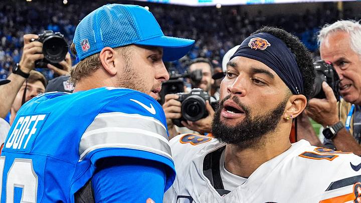 Detroit Lions quarterback Jared Goff (16) hugs Chicago Bears quarterback Caleb Williams (18) after 52-21 win over the Bears at Ford Field in Detroit on Sunday, Sept. 14, 2025.