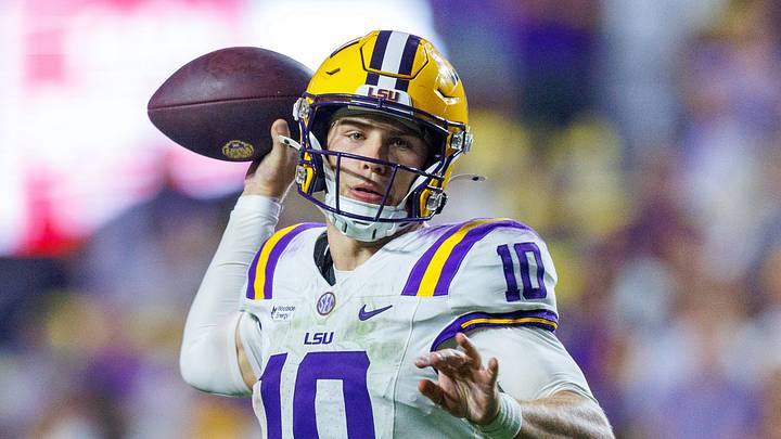 LSU Tigers quarterback Sam Leavitt scrambles against Clemson Tigers.