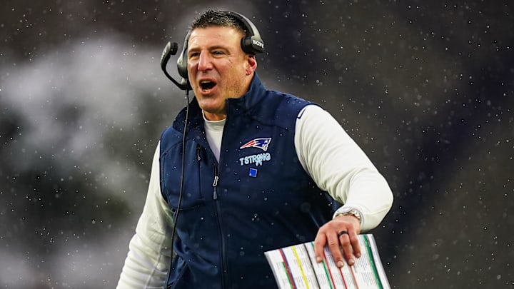 Dec 14, 2025; Foxborough, Massachusetts, USA; New England Patriots head coach Mike Vrabel reacts from the sideline as they take on the Buffalo Bills at Gillette Stadium. Mandatory Credit: David Butler II-Imagn Images