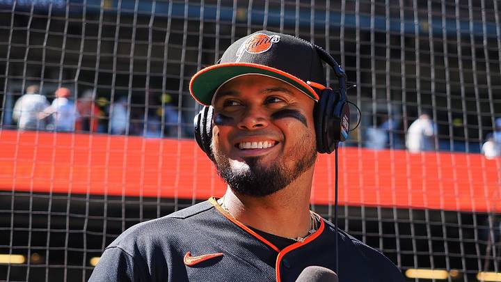 San Francisco, California, USA; San Francisco Giants second baseman Luis Arraez (1) speaks to the media after a win against the Los Angeles Angels at Oracle Park. Mandatory Credit: Kelley L Cox-Imagn Images