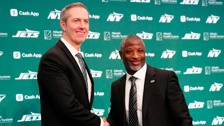 New York Jets general manager Darren Mougey and Jets head coach Aaron Glenn New York Jets general manager Darren Mougey and Jets head coach Aaron Glenn