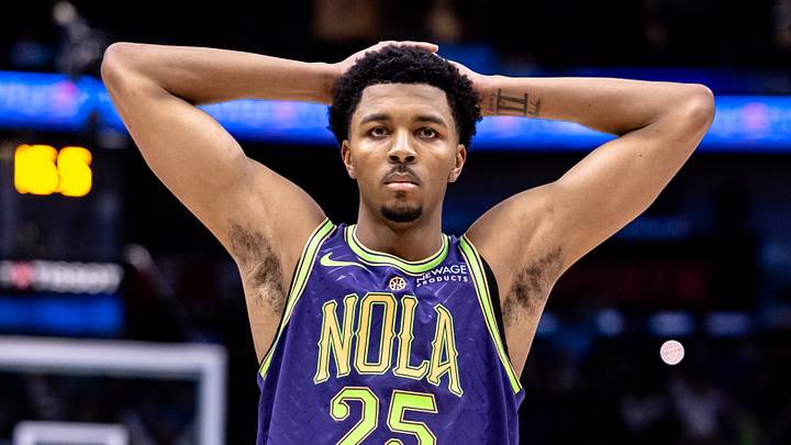 Dec 30, 2024; New Orleans, Louisiana, USA;  New Orleans Pelicans guard Trey Murphy III (25) reacts to a foul called against the LA Clippers during the second half at Smoothie King Center. Mandatory Credit: Stephen Lew-Imagn Images
