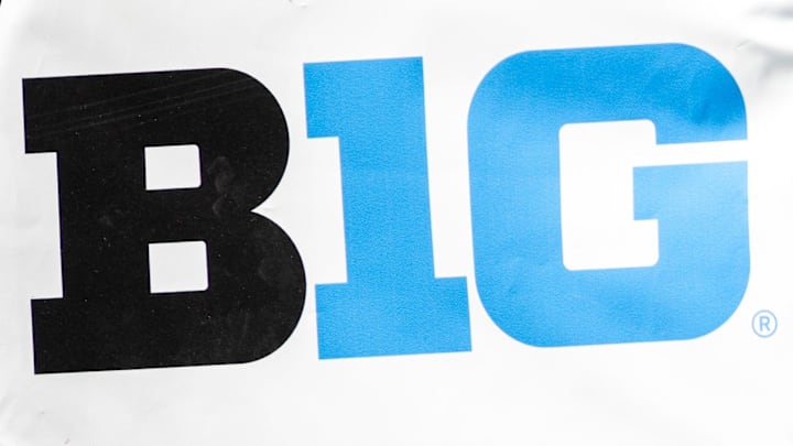 Apr 26, 2025; Iowa City, IA, USA; A detail view of a logo for the Big Ten Conference is seen during a spring NCAA football open practice at Kinnick Stadium. Mandatory Credit: Joseph Cress/For the Register