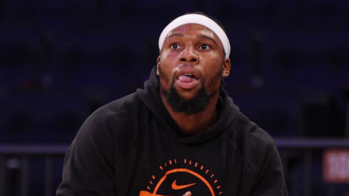 Jan 7, 2026; New York, New York, USA;  New York Knicks forward Guerschon Yabusele (28) warms up before the game against the LA Clippers at Madison Square Garden.