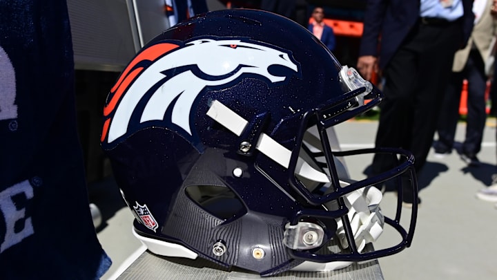 Sep 18, 2022; Denver, Colorado, USA; Detailed view of the helmet of Denver Broncos place kicker Brandon McManus (8) before the game against the Denver Broncos at Empower Field at Mile High. Mandatory Credit: Ron Chenoy-Imagn Images