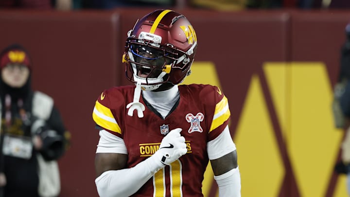 Washington Commanders cornerback Mike Sainristil (0) celebrates after a fumble by the Philadelphia Eagles in the first half at Northwest Stadium. Mandatory Credit: Geoff Burke-Imagn Images