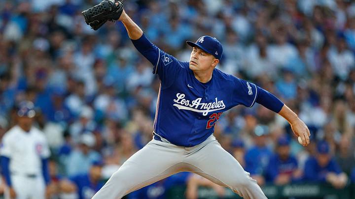 Aug 4, 2026; Chicago, Illinois, USA; Los Angeles Dodgers starting pitcher Tarik Skubal (29) delivers a pitch against the Chicago Cubs during the first inning at Wrigley Field. Mandatory Credit: Kamil Krzaczynski-Imagn Images