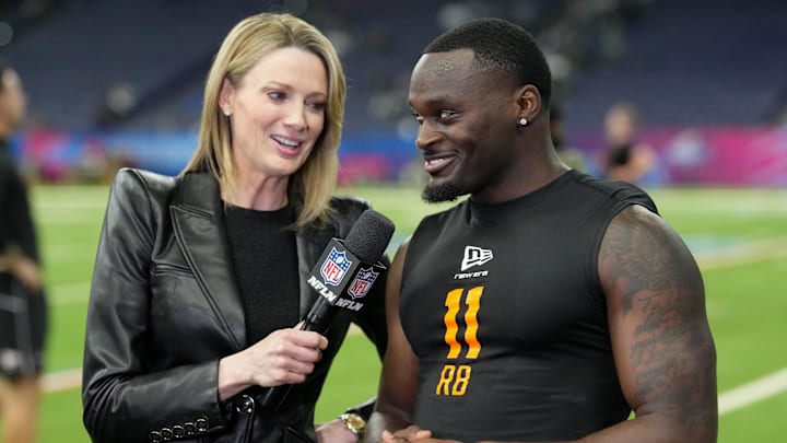 Feb 28, 2026; Indianapolis, IN, USA; NFL Network reporter Stacey Dales interview Notre Dame running back Jeremiyah Love (RB11) during the NFL Scouting Combine at Lucas Oil Stadium. Feb 28, 2026; Indianapolis, IN, USA; NFL Network reporter Stacey Dales interview Notre Dame running back Jeremiyah Love (RB11) during the NFL Scouting Combine at Lucas Oil Stadium.