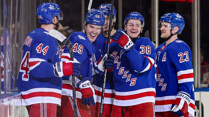 Apr 4, 2026; New York, New York, USA; New York Rangers right wing Jaroslav Chmelar (49) celebrates his goal against the Detroit Red Wings during the first period at Madison Square Garden. Apr 4, 2026; New York, New York, USA; New York Rangers right wing Jaroslav Chmelar (49) celebrates his goal against the Detroit Red Wings during the first period at Madison Square Garden.