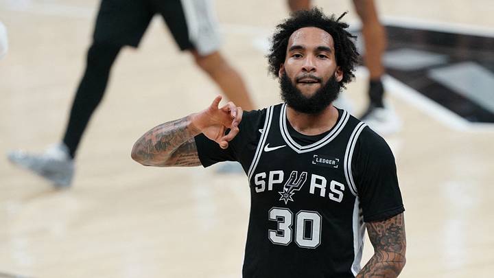 May 28, 2026; San Antonio, Texas, USA; San Antonio Spurs forward Julian Champagnie (30) reacts in the second half during Game 6 of the Western Conference Finals for the 2026 NBA playoffs at Frost Bank Center.