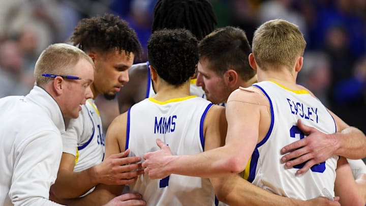 South Dakota State   s men   s basketball team huddles up before a play on Monday, March 11, 2024 at Denny Sanford Premier Center in Sioux Falls.