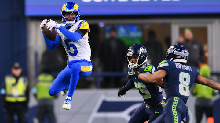 Nov 3, 2024; Seattle, Washington, USA; Los Angeles Rams wide receiver Tutu Atwell (5) catches a pass against the Seattle Seahawks during overtime at Lumen Field. Mandatory Credit: Steven Bisig-Imagn Images Nov 3, 2024; Seattle, Washington, USA; Los Angeles Rams wide receiver Tutu Atwell (5) catches a pass against the Seattle Seahawks during overtime at Lumen Field. Mandatory Credit: Steven Bisig-Imagn Images