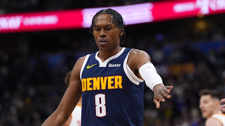 Jan 9, 2026; Denver, Colorado, USA; Denver Nuggets guard Peyton Watson (8) reacts during a timeout in the first quarter against the Atlanta Hawks at Ball Arena. Mandatory Credit: Ron Chenoy-Imagn Images