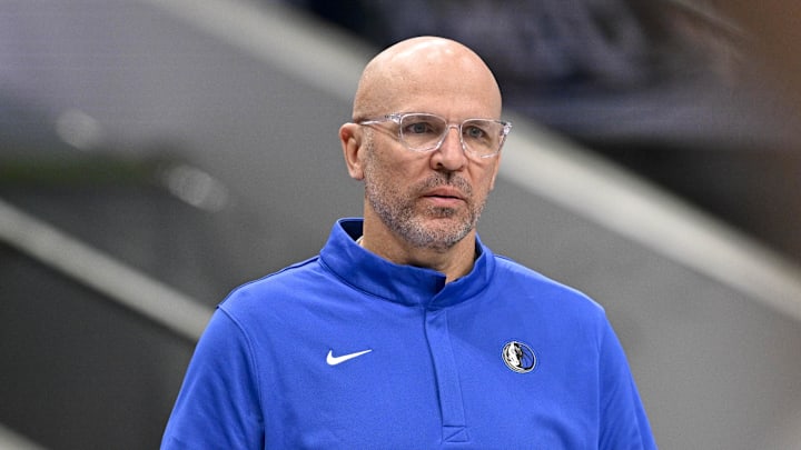 Feb 27, 2026; Dallas, Texas, USA; Dallas Mavericks head coach Jason Kidd looks on during the first quarter against the Memphis Grizzlies at the American Airlines Center. Mandatory Credit: Jerome Miron-Imagn Images