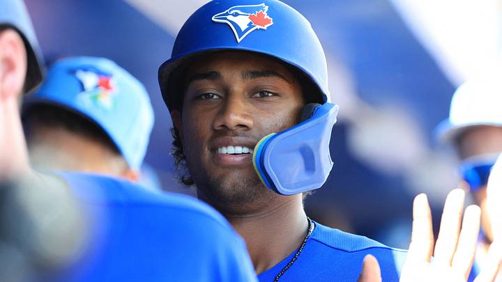 Mar 3, 2026; Dunedin, FL, USA; Toronto Blue Jays shortstop Arjun Nimmala (18) scores a run during the second inning against Team Canada at TD Ballpark. Mandatory Credit: Kim Klement Neitzel-Imagn Images