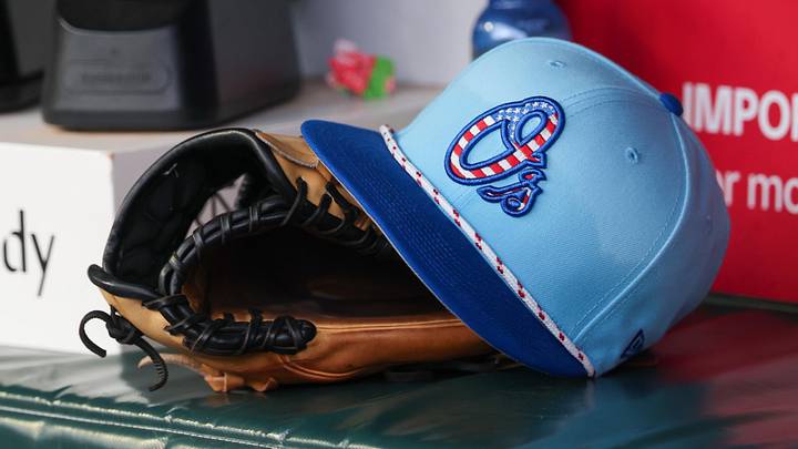 Jul 4, 2025; Atlanta, Georgia, USA; A detailed view of the Baltimore Orioles 4th of July hat in the dugout against the Atlanta Braves in the third inning at Truist Park. 