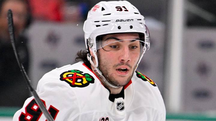 Mar 8, 2026; Dallas, Texas, USA; Chicago Blackhawks center Frank Nazar (91) skates against the Dallas Stars during the game between the Stars and the Blackhawks at American Airlines Center. Mandatory Credit: Jerome Miron-Imagn Images