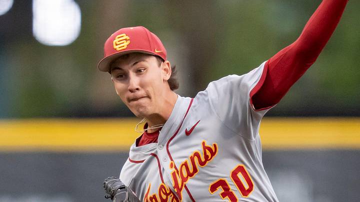 USC pitcher Mason Edwards throws a pitch as the Oregon Ducks host the USC Trojans on May 14, 2026, in Eugene, Oregon.