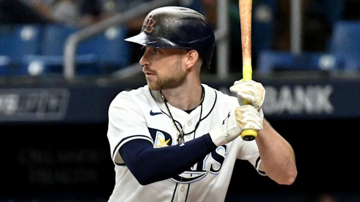 Sep 18, 2024; St. Petersburg, Florida, USA; Tampa Bay Rays second baseman Brandon Lowe (8) bats in the first inning against the Boston Red Sox at Tropicana Field. Mandatory Credit: Jonathan Dyer-Imagn Images