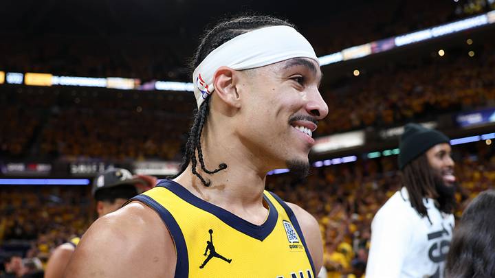 May 31, 2025; Indianapolis, Indiana, USA; Indiana Pacers guard Andrew Nembhard (2) reacts after game six of the eastern conference finals against the New York Knicks for the 2025 NBA Playoffs at Gainbridge Fieldhouse. Mandatory Credit: Trevor Ruszkowski-Imagn Images