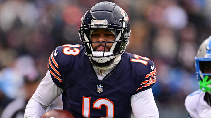 Dec 22, 2024; Chicago, Illinois, USA; Chicago Bears wide receiver Keenan Allen (13) runs after a catch against the Detroit Lions during the second quarter at Soldier Field. Mandatory Credit: Daniel Bartel-Imagn Images