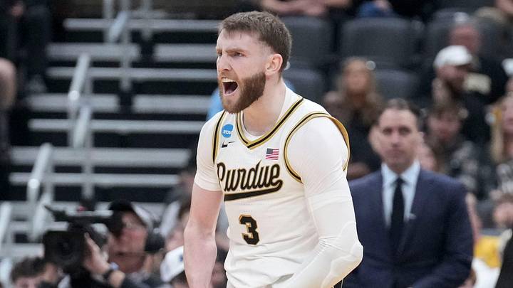 Purdue Boilermakers guard Braden Smith (3) celebrates during a NCAA Tournament first round game against the Queens University of Charlotte Royals on Friday, March 20, 2026, at Enterprise Center in St. Louis.