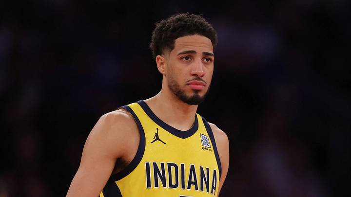 Indiana Pacers guard Tyrese Haliburton (0) reacts in the third quarter against the New York Knicks during Game 1 of the Eastern Conference Finals for the 2025 NBA Playoffs at Madison Square Garden on May 21, 2025. Indiana Pacers guard Tyrese Haliburton (0) reacts in the third quarter against the New York Knicks during Game 1 of the Eastern Conference Finals for the 2025 NBA Playoffs at Madison Square Garden on May 21, 2025.