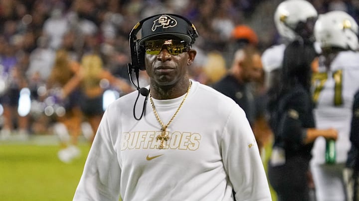 Oct 4, 2025; Fort Worth, Texas, USA; Colorado Buffaloes head coach Deion Sanders on the sidelines during the first half against the TCU Horned Frogs at Amon G. Carter Stadium. Mandatory Credit: Raymond Carlin III-Imagn Images