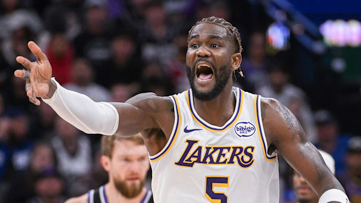 Oct 26, 2025; Sacramento, California, USA; Los Angeles Lakers center Deandre Ayton (5) reacts to a call during the fourth quarter of the game against the Sacramento Kings at Golden 1 Center. Mandatory Credit: Ed Szczepanski-Imagn Images
