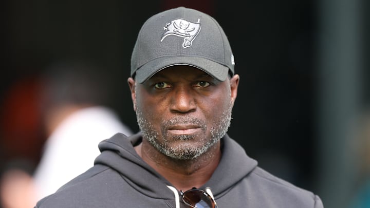 Dec 28, 2025; Miami Gardens, Florida, USA; Tampa Bay Buccaneers head coach Todd Bowles walks around the field during warmups prior to a game against the Miami Dolphins at Hard Rock Stadium. Mandatory Credit: Nathan Ray Seebeck-Imagn Images